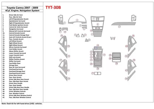 Toyota Camry 2007-2010 Full Set, 4 Cyl With NAVI Decor de carlinga su interior