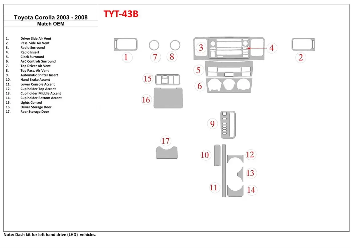 Toyota Corolla 2003-2008 OEM Compliance BD innenausstattung armaturendekor cockpit dekor - 1- Cockpit Dekor Innenraum