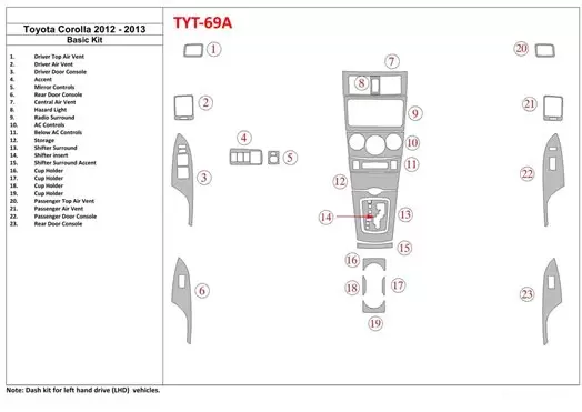 Toyota Corolla 2012-2013 Basic Set Decor de carlinga su interior
