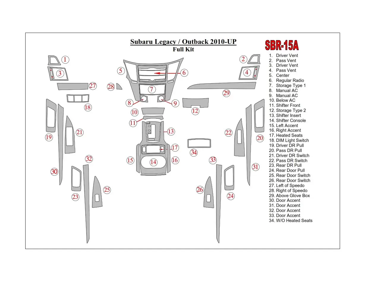 Subaru Legacy 2010-2014 3D Interior Dashboard Trim Kit Dash Trim Dekor 47-Parts