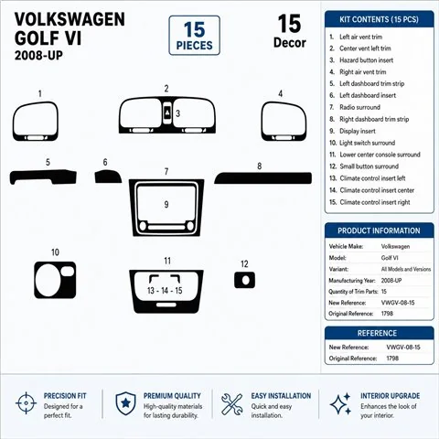Volkswagen Golf VI 2008+ 3D dashboard trim kit, 15 parts 2