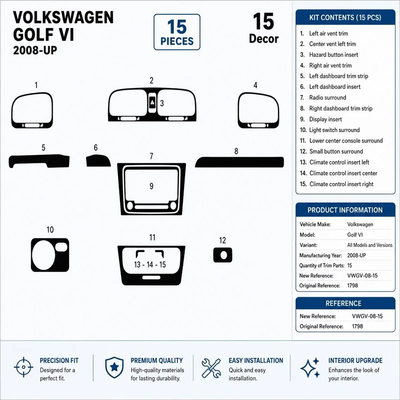 Volkswagen Golf VI 2008+ kit salpicadero 3D, 15 piezas
