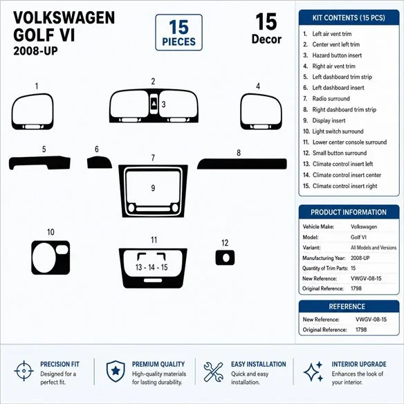 Volkswagen Golf VI 2008+ 3D Armaturenbrett-Dekor-Set, 15 Teile