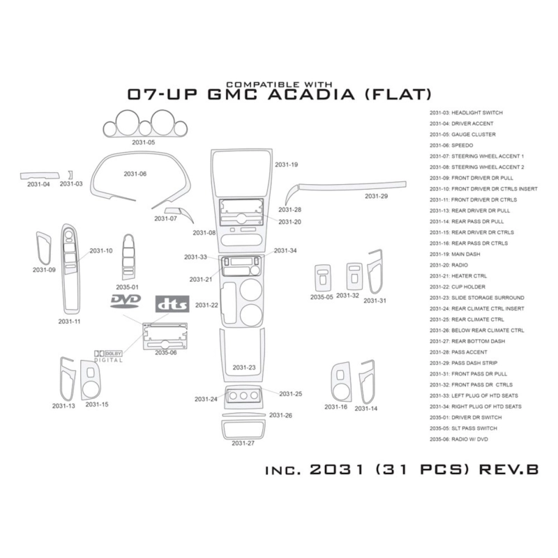 GMC Acadia 2007-2016 kit de molduras interiores para salpicadero 31 piezas