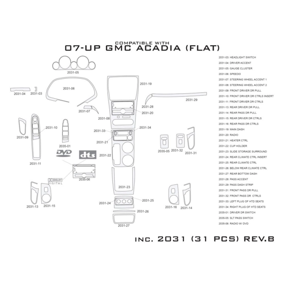GMC Acadia 2007-2016 kit de molduras interiores para salpicadero 31 piezas