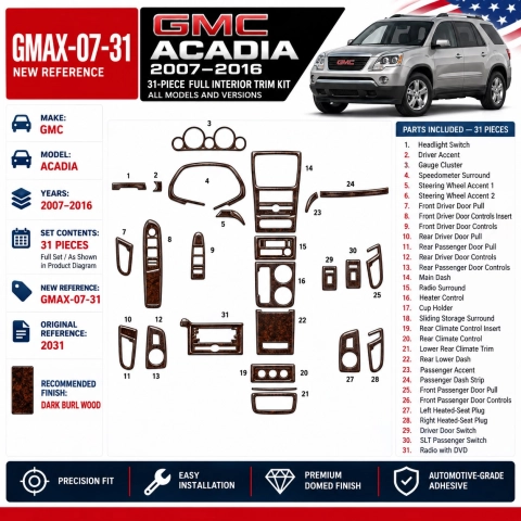GMC Acadia 2007-2016 kit de molduras interiores para salpicadero 31 piezas 2