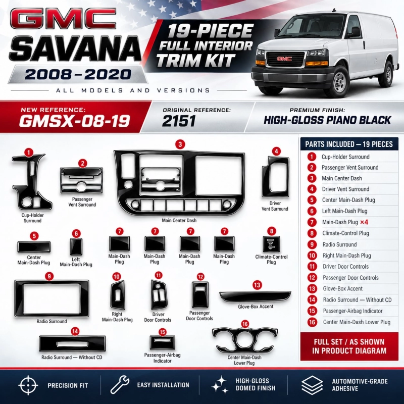 GMC Savana 2008-2020 3D Cockpit Dekor Interieurleisten Set 19-teilig