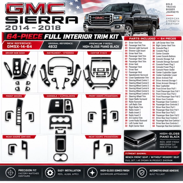 GMC Sierra 2014-2018 Interior Dashboard Trim Kit Dash Trim Dekor 64 Parts