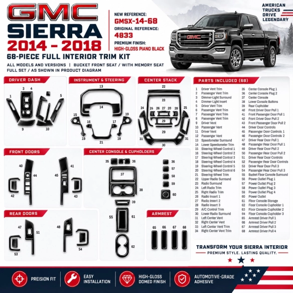 GMC Sierra 2014-2018 Interior Dashboard Trim Kit Dash Trim Dekor 68 Parts