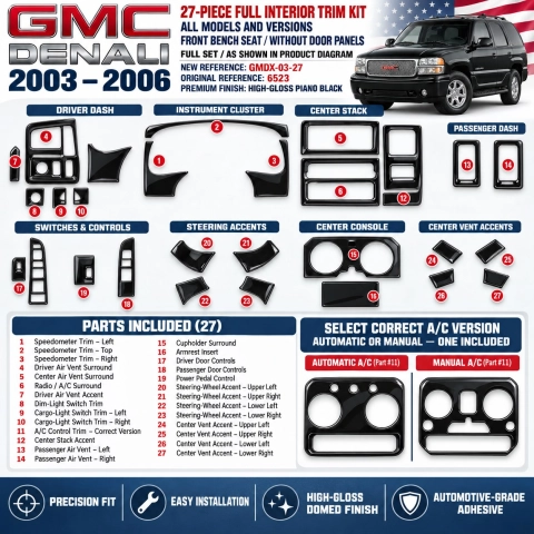 GMC Denali 2003-2006 kit de molduras interiores para salpicadero 27 piezas 2