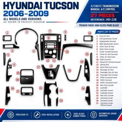 Hyundai Tucson 2006-2009 Automatic Gear, Manual Gearbox AC Control Interior Dashboard Trim Kit Dash Trim Dekor 2