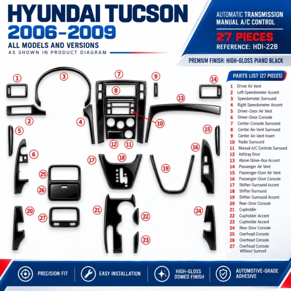 Hyundai Tucson 2006-2009 Automatic Gear, Manual Gearbox AC Control Interior Dashboard Trim Kit Dash Trim Dekor