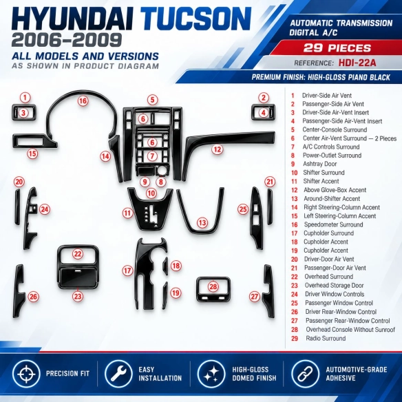 Hyundai Tucson 2006-2009 boîte automatique kit décoration intérieure tableau de bord