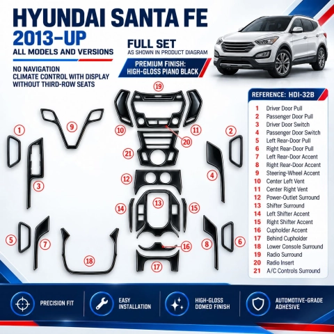 Hyundai Santa Fe 2013-heden Full Set, No Navi, Climate With Display, No 3rd Row interieur dashboard decoratieset dashboard decor