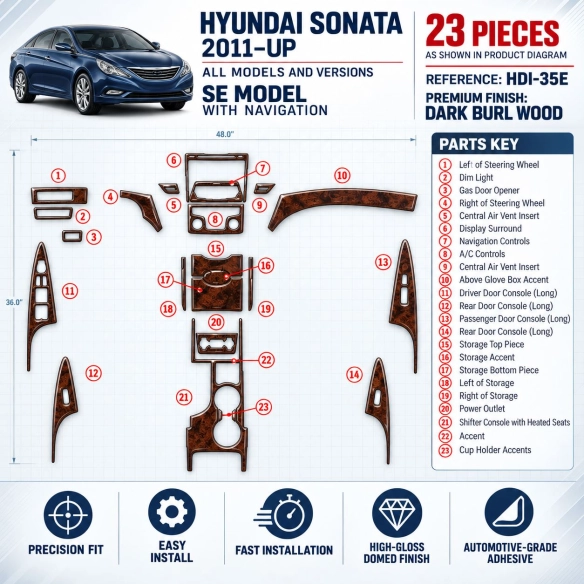 Hyundai Sonata 2011-Actualidad SE Model, con navegador kit de molduras interiores para salpicadero