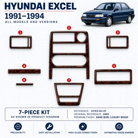 Hyundai Excel 1991-1994 kit rivestimento cruscotto e interni 3D 7 pezzi