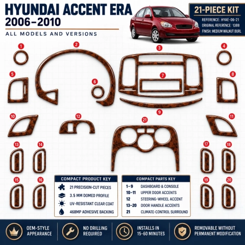 Hyundai Accent Era 2006-2010 kit rivestimento cruscotto e interni 3D 21 pezzi 2