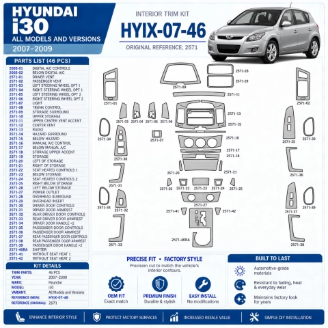 Hyundai i30 2007-2009 kit rivestimento cruscotto e interni 3D 46 pezzi 2