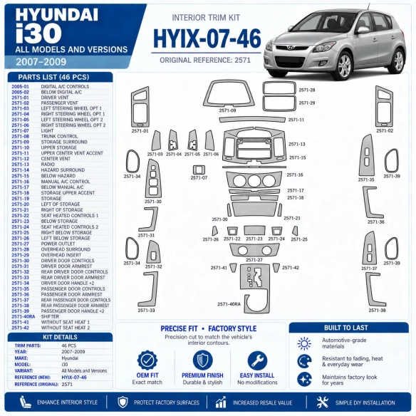 Hyundai-i30 2007-2009 kit de molduras interiores para salpicadero 46 piezas