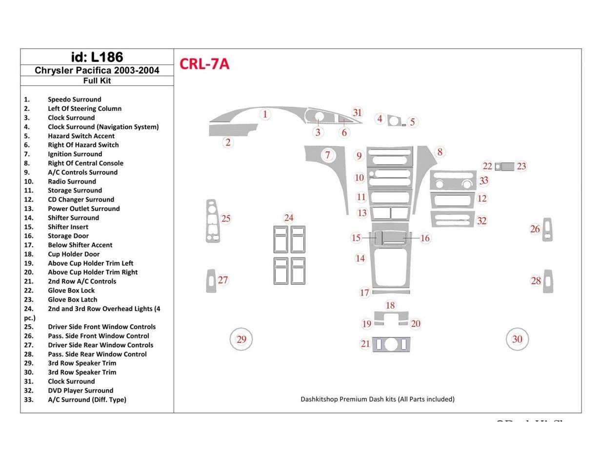 Chrysler Pacifica 2003-2004 Ensemble Complet, OEM Compliance BD Kit la décoration du tableau de bord - 1 - habillage decor de ta