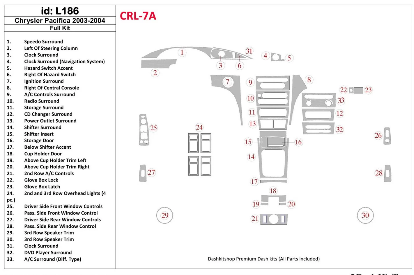 Chrysler Pacifica 2003-2004 Full Set, OEM Compliance Interior BD Dash Trim Kit