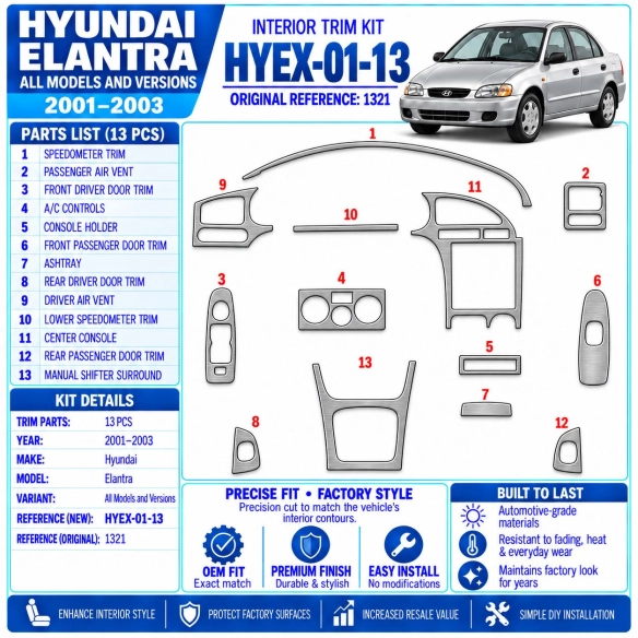 Hyundai Elantra 2001-2003 3D Cockpit Dekor Interieurleisten Set 13-teilig