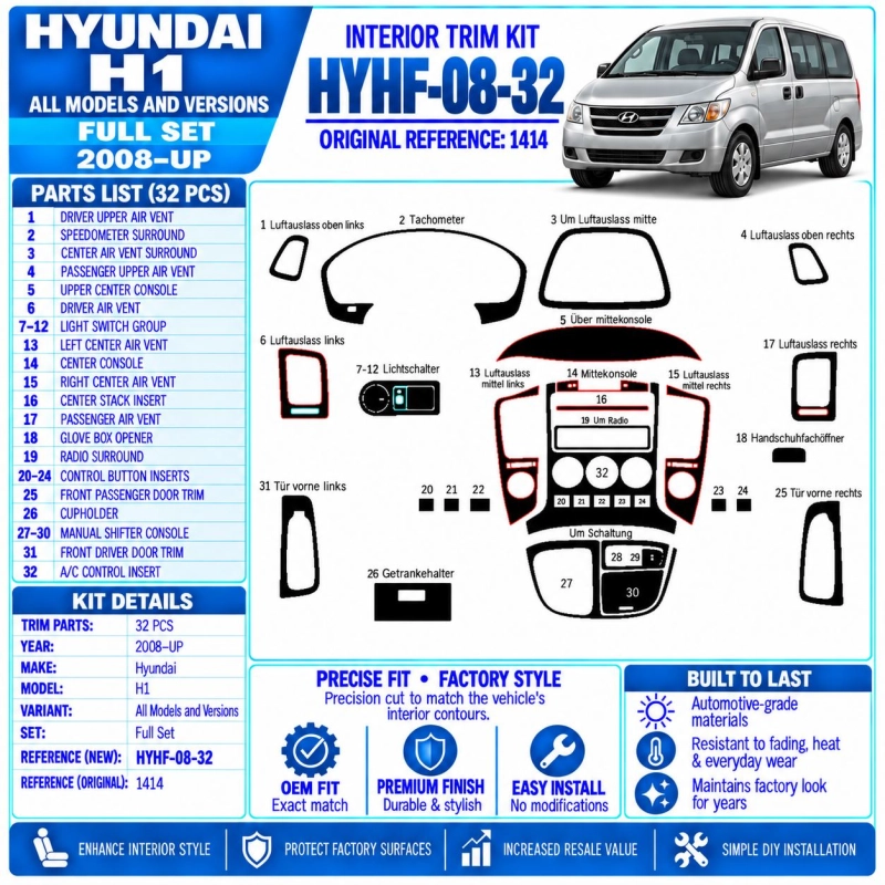 Hyundai H1 juego completo 2008-Actualidad kit 3D de molduras interiores para salpicadero 32 piezas