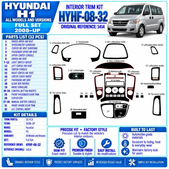 Hyundai H1 Full Set 2008-heden 3D interieur dashboard decoratieset dashboard decor 32-delen
