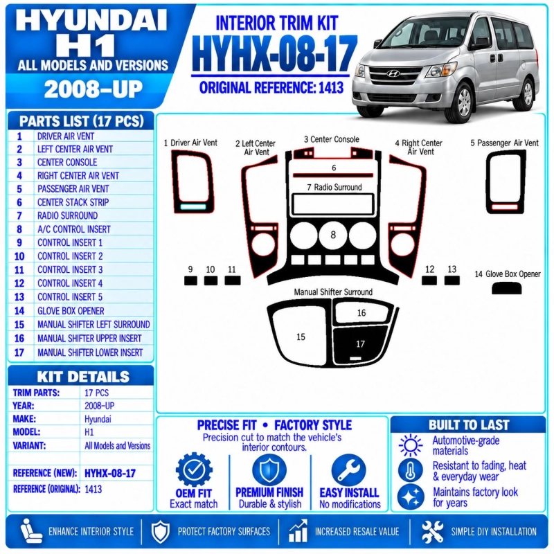 Hyundai H1 2008-UP 3D Interior Dashboard Trim Kit Dash Trim Dekor 17-Parts