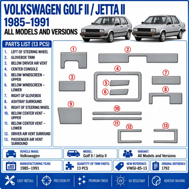 Volkswagen Golf II Jetta II 1985-1991 3D Interior Dashboard Trim Kit Dash Trim Dekor 13-Parts