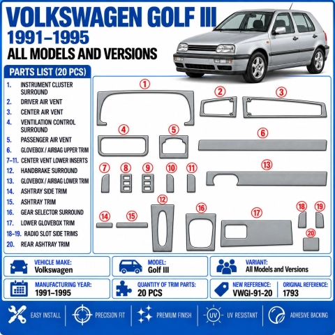 Volkswagen Golf III 1991-1995 kit décor tableau de bord 3D, 20 pièces 2