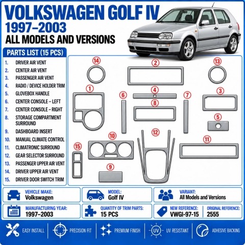 Volkswagen Golf IV 1997-2003 kit décor tableau de bord 3D, 15 pièces 2