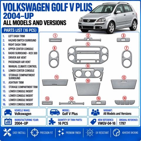 Volkswagen Golf V Plus 2004+ 3D dashboard trim kit, 16 parts 2