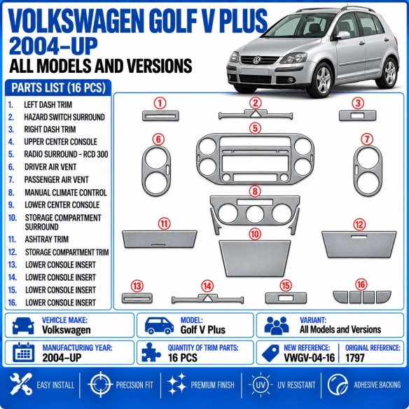 Volkswagen Golf V Plus 2004-heute 3D Cockpit Dekor Interieurleisten Set 16-teilig