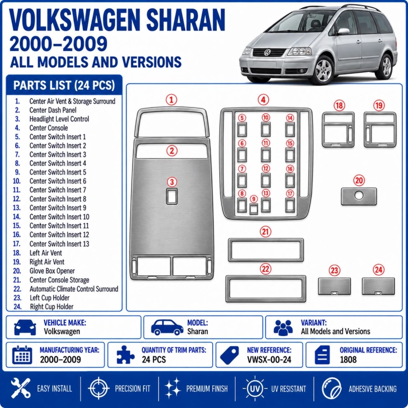 Volkswagen Sharan 2000-2009 kit rivestimento cruscotto e interni 3D 24 pezzi