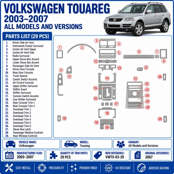Volkswagen Touareg 2003-2007 interieur dashboard decoratieset dashboard decor 39 delen