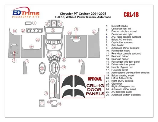 Chrysler PT Cruiser 2001-2005 Full Set, Without Power Mirrors, Automatic Gearbox, 24 Parts set Interior BD Dash Trim Kit