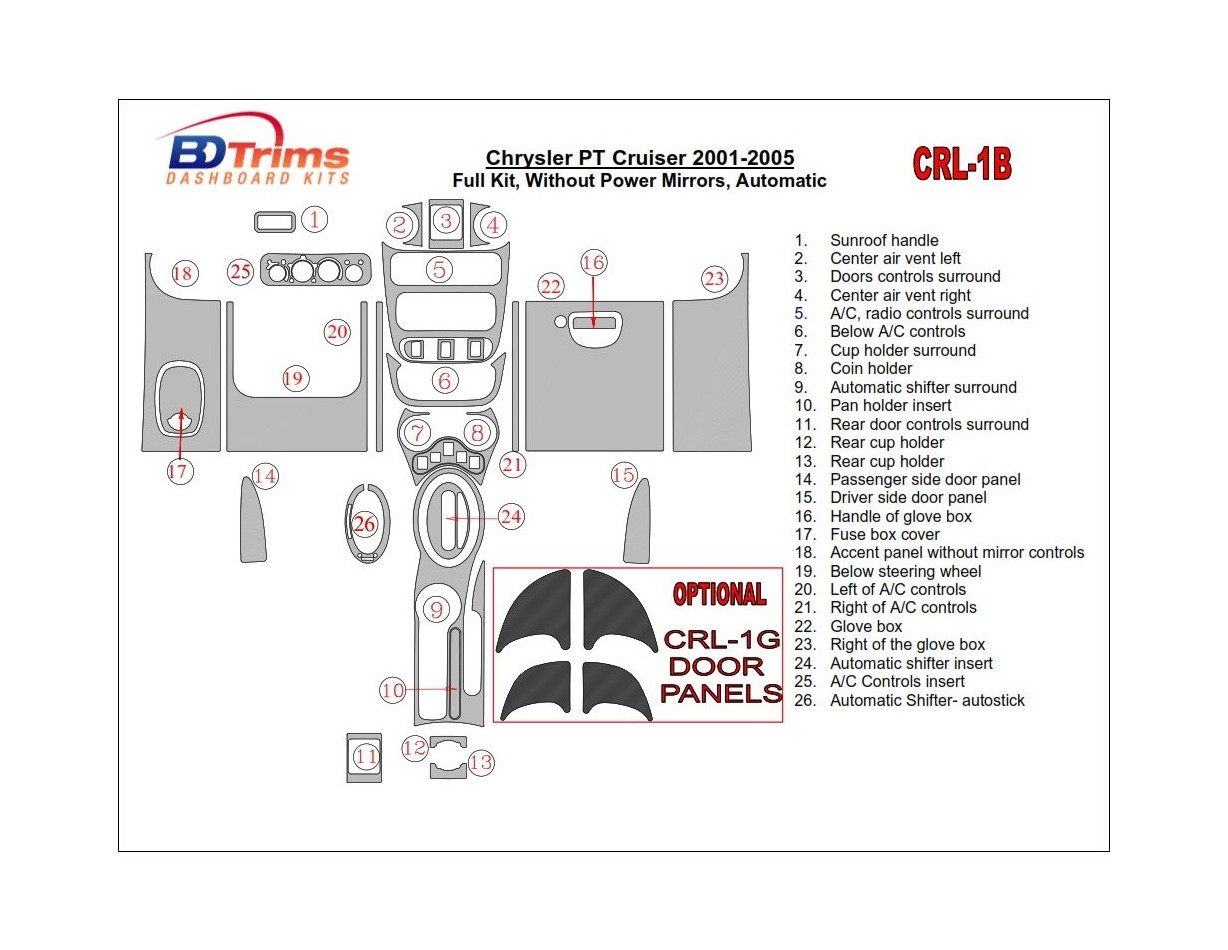 Chrysler PT Cruiser 2001-2005 Full Set, Without Power Mirrors, Automatic Gearbox, 24 Parts set Cruscotto BD Rivestimenti interni