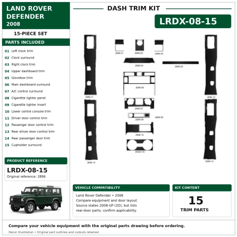 Land Rover Defender 2008 kit rivestimento cruscotto e interni 3D 15 pezzi