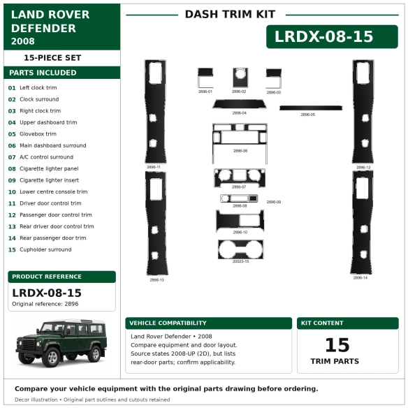 Land Rover Defender 2008 kit décoration intérieure tableau de bord 15 pièces