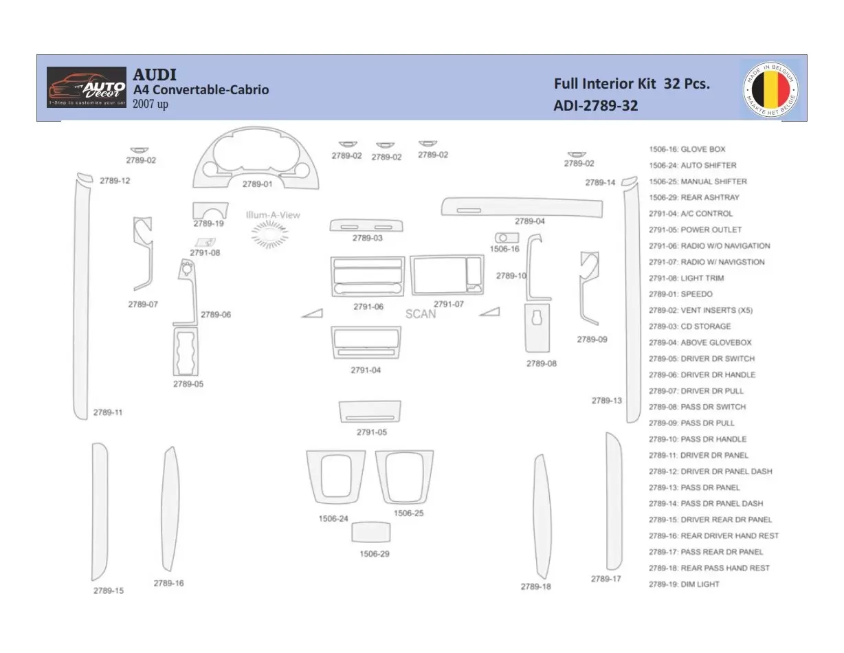 Audi A4 B7 Cabrio 2004–2008 Interior WHZ Dashboard trim kit 32 Parts