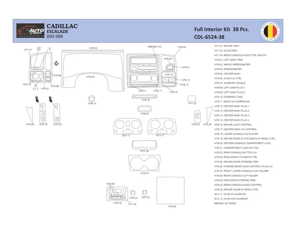 Cadillac Escalade 2003–2006 Inleg dashboard Interieurset aansluitend en pasgemaakt 34 Delen