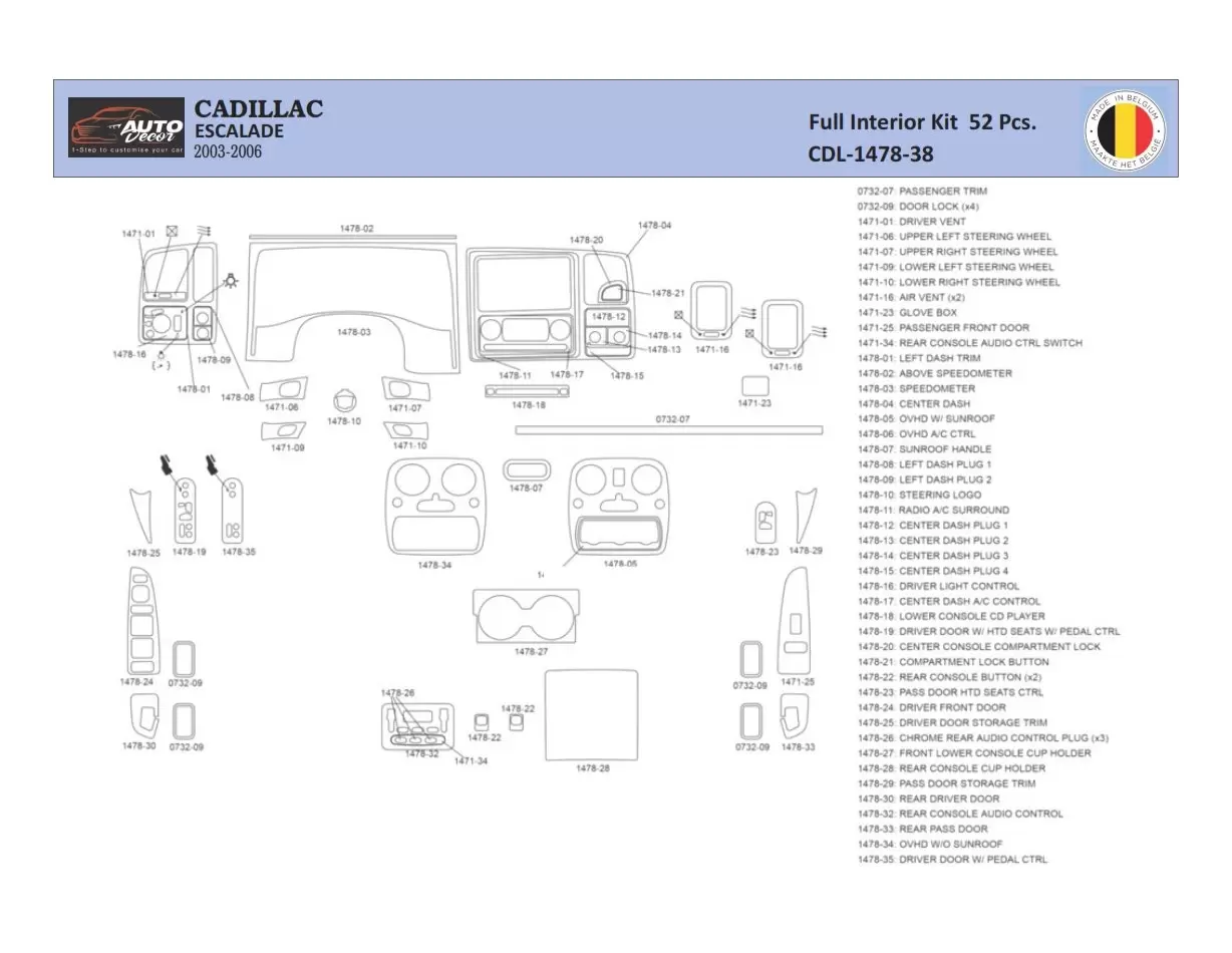 Cadillac Escalade 2003–2006 Inleg dashboard Interieurset aansluitend en pasgemaakt 52 Delen