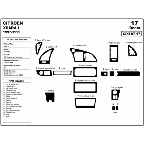 Citroen Xsara I 1997-1999 kit salpicadero 3D, 17 piezas