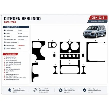 Citroen Berlingo 2002-2008 kit salpicadero 3D, 11 piezas