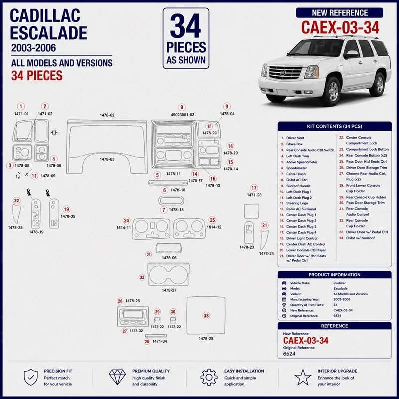 Cadillac Escalade 2003-2006 3D dashboard sierlijstset, 34 delen