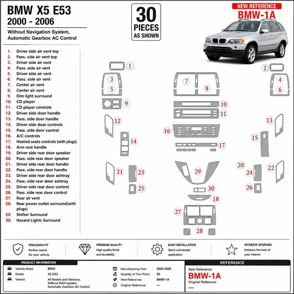 BMW X5 2000-2006 sin navegación system, cambio automático AC Control kit salpicadero 3D