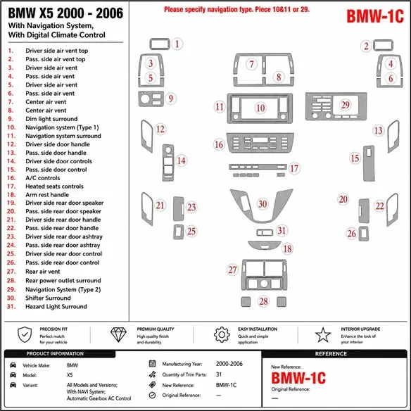 BMW X5 2000-2006 met navigatie system 3D dashboard sierlijstset