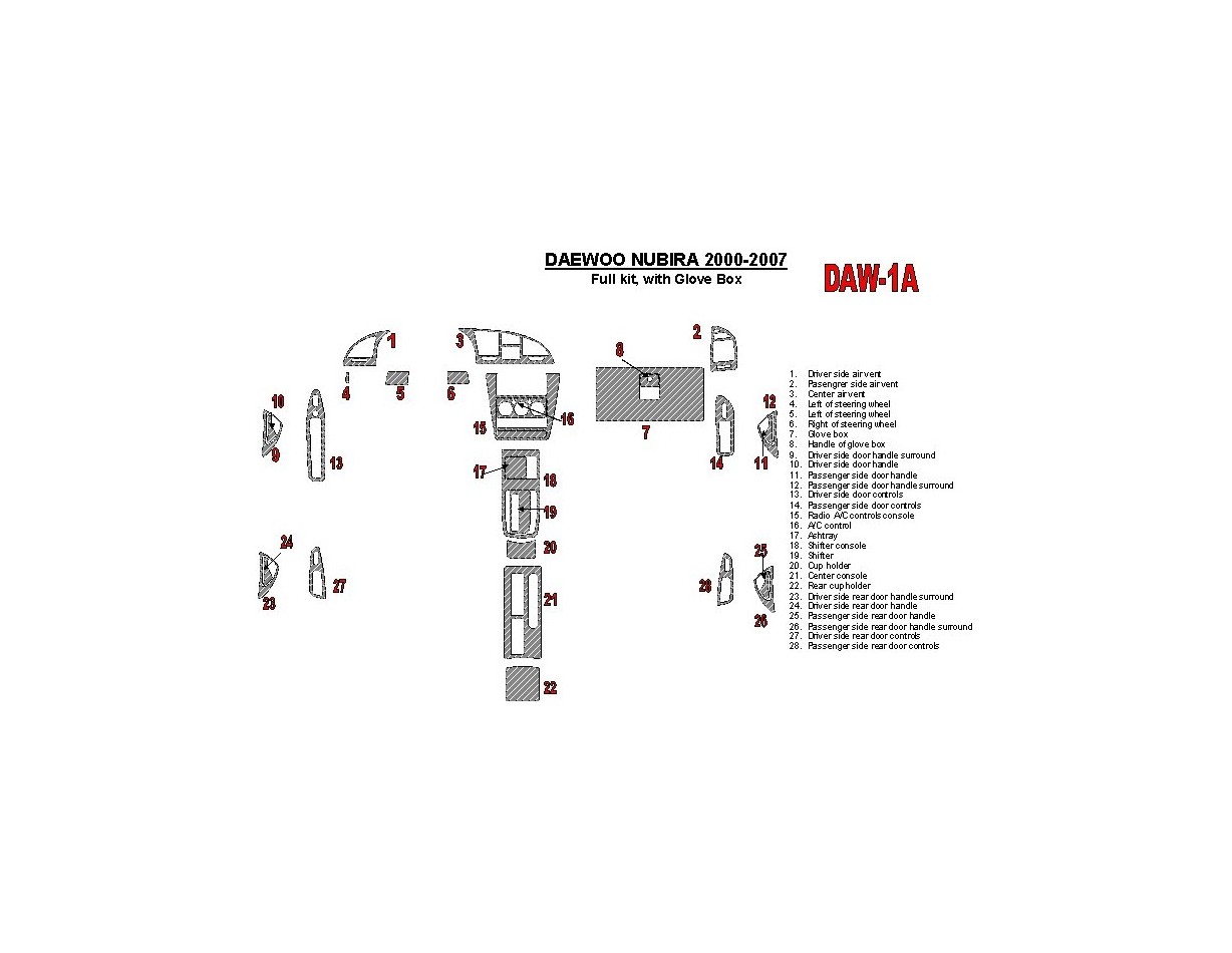 Daewoo Nubira 2000-2007 Full Set, with glowe-box Cruscotto BD Rivestimenti interni