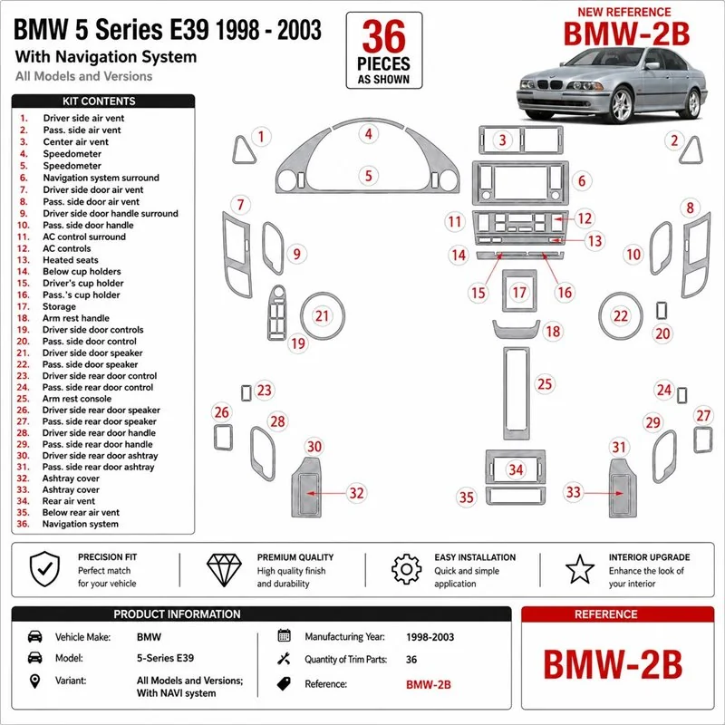 BMW 5-Series E39 1998-2003 mit Navigation system 3D Armaturenbrett-Dekor-Set, 36 Teile